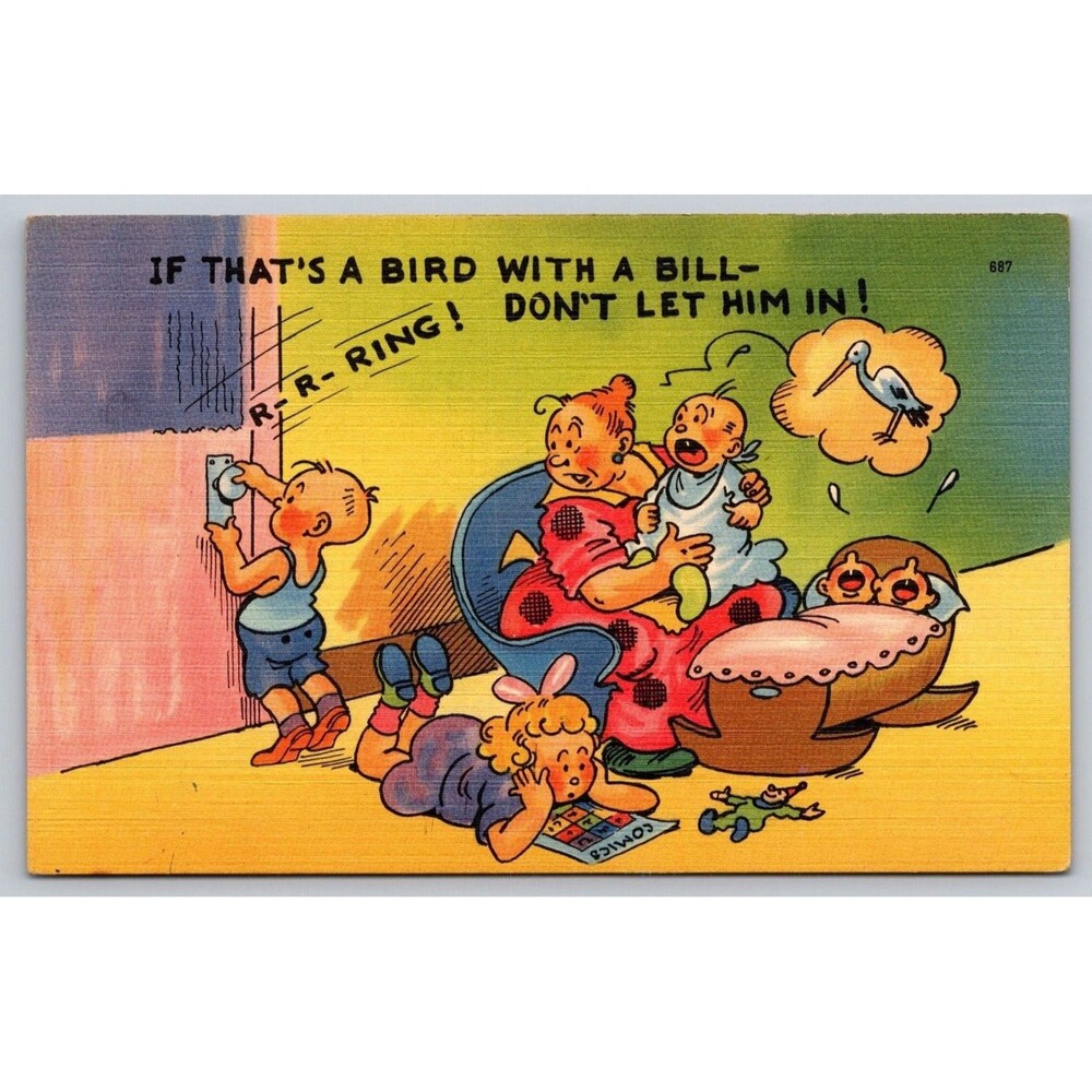 Vtg Comic Postcard Tichnor Bros Stork Baby Joke Bird With A Bill Humor Unused